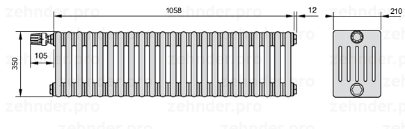 Схема (чертеж) Радиатор Zehnder Charleston 6035/23 №V012 Белый глянцевый RAL 9016